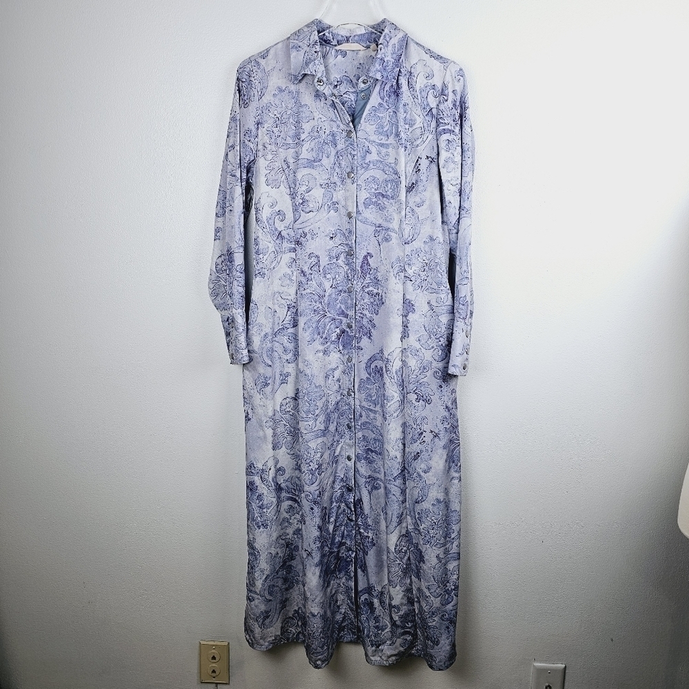 Soft Surroundings 2CB88 Blue Floral Snap Front Maxi Dress, size Small